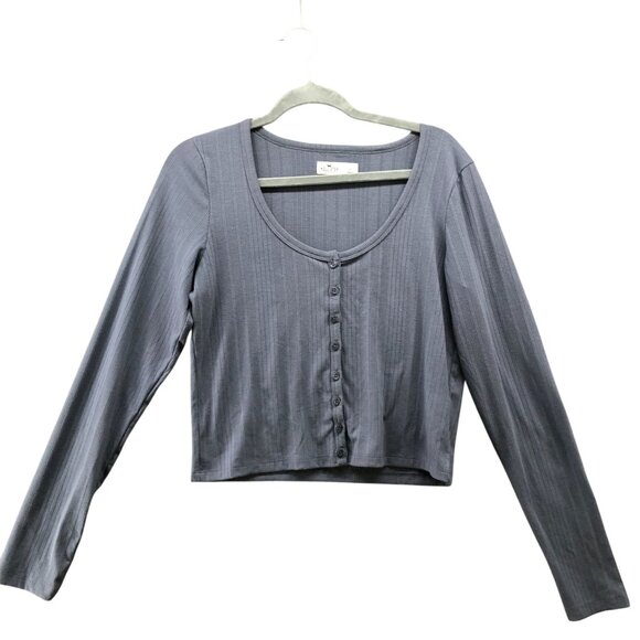 Hollister Long Sleeve Cropped T Shirt Womens L Blue Scoop Neck Button Front Knit - Picture 1 of 8